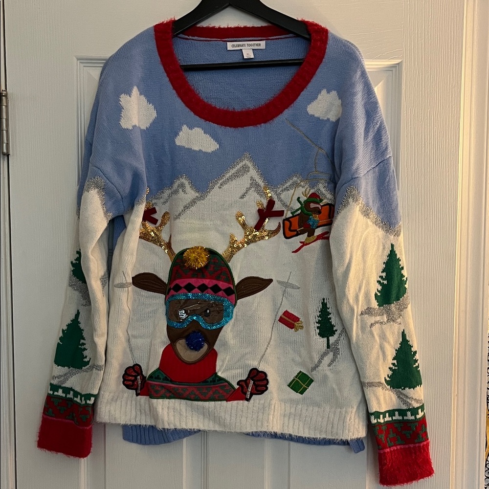 Women's Ugly Christmas sweater, Festive Blue and White Sweater XL